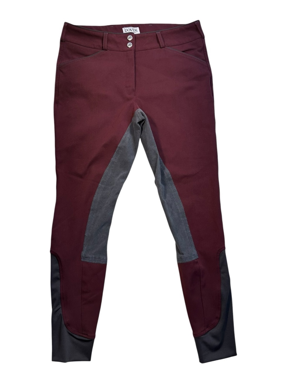 Dover Saddlery Wellesley Full Seat Breeches Maroon Grey Size 28 Equestrian